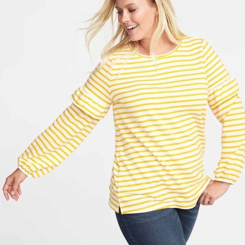 Old navy yellow striped ruffle sleeve sweater